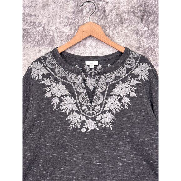 J Jill Tunic Top XL Womens Gray Thermal Embroidered Pullover Split Neck - Picture 2 of 8